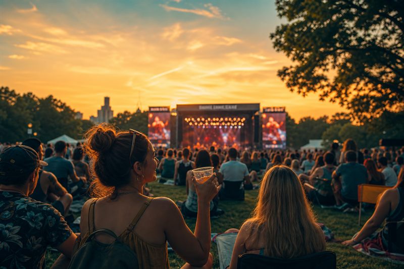 Crowd at an outdoor festival at sunset