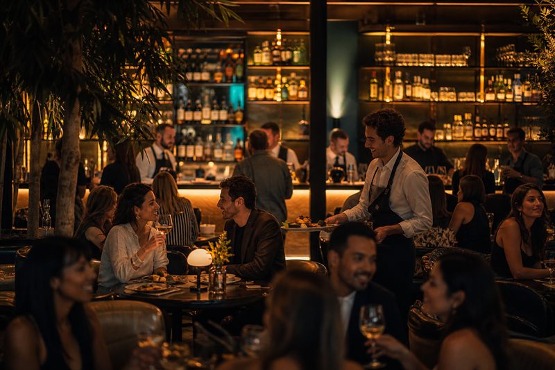 Guests dining in a busy restaurant and bar
